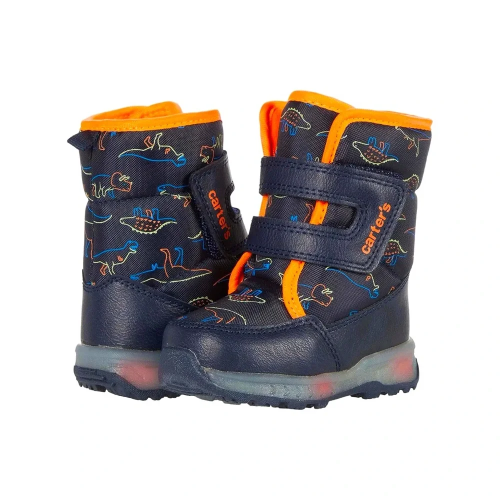 Carters Navy & Orange Grady Light Up Dinosaur Graphic Snow Boots Toddler Size 5
